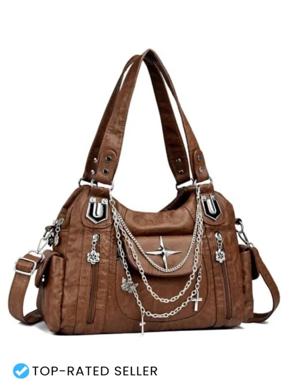 Faux Leather Y2K Hobo Bag Punk Tote Purse Adjustable Strap Large Capacity